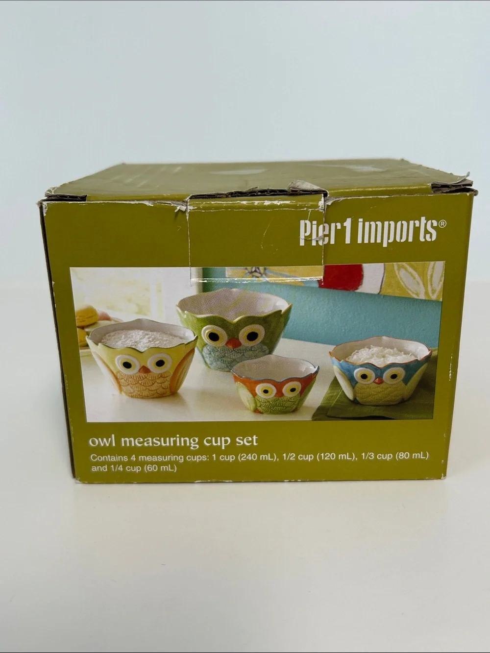 Pier 1 Nesting Colorful Handpainted Owl Ceramic Measuring Cup Set With Box